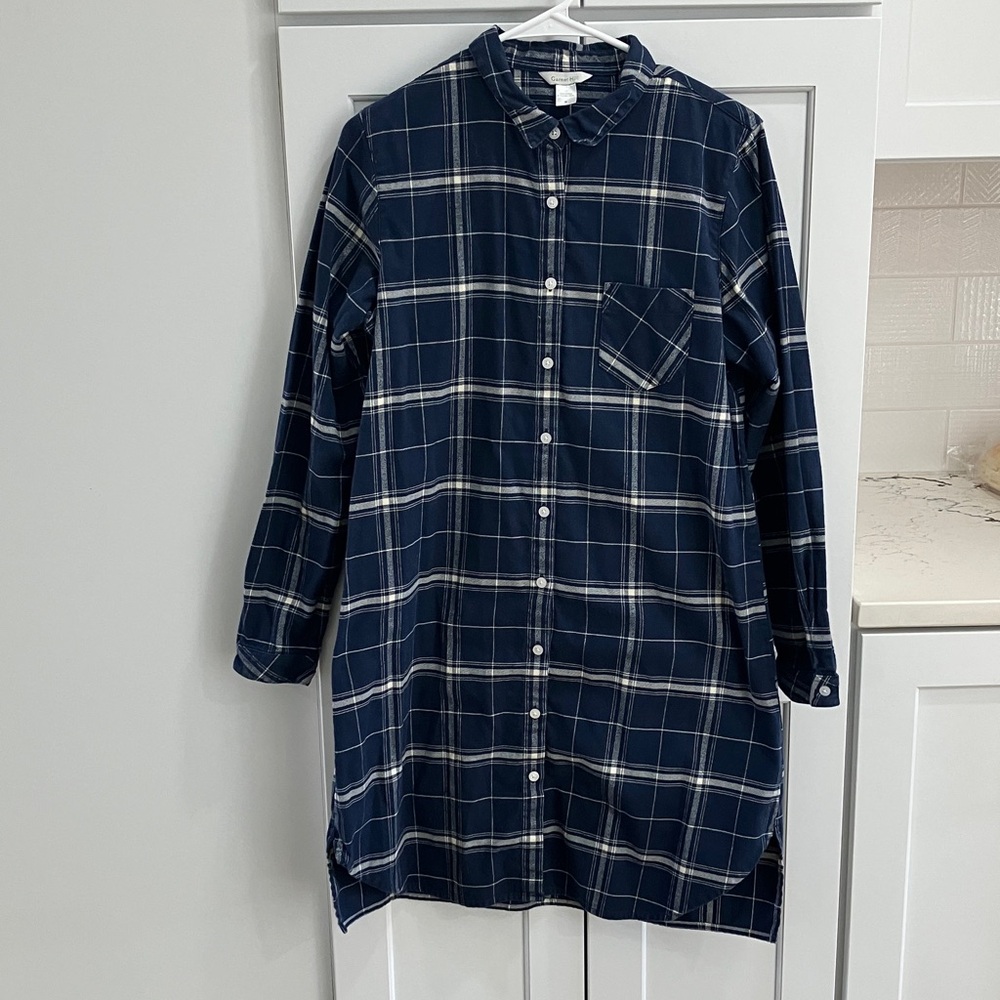 Garnet Hill Women's Navy White Plaid Cotton Flannel Long Sleeve Shirt Dress